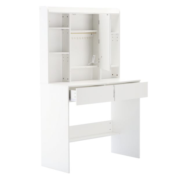 WHITE DRESSING TABLE WITH LED MIRROR AND 2 DRAWERS AND JEWELRY HOOKS