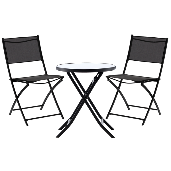 BALCONY FURNITURE SET - ROUND TABLE + 2 FOLDING CHAIRS - BLACK
