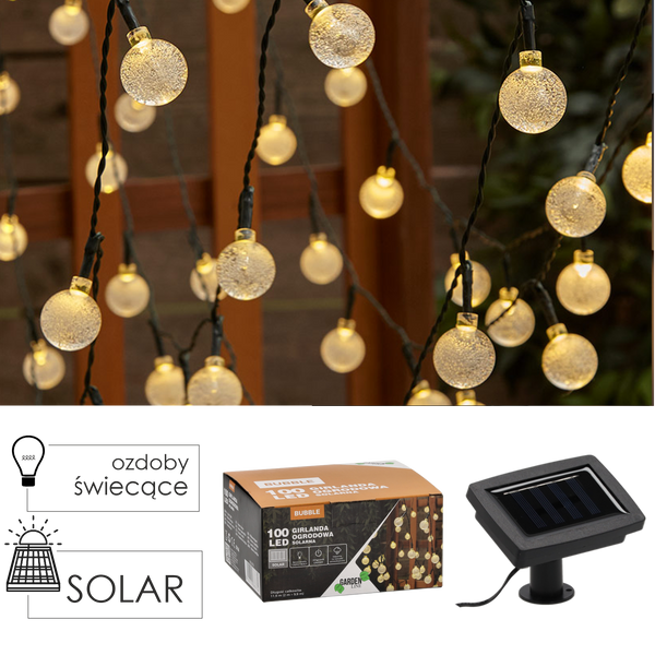 GIRLANDA SOLARNA OGRODOWA DŁ. 2 + 9,9 M BUBBLE 100 LED CIEPŁY BIAŁY *3774