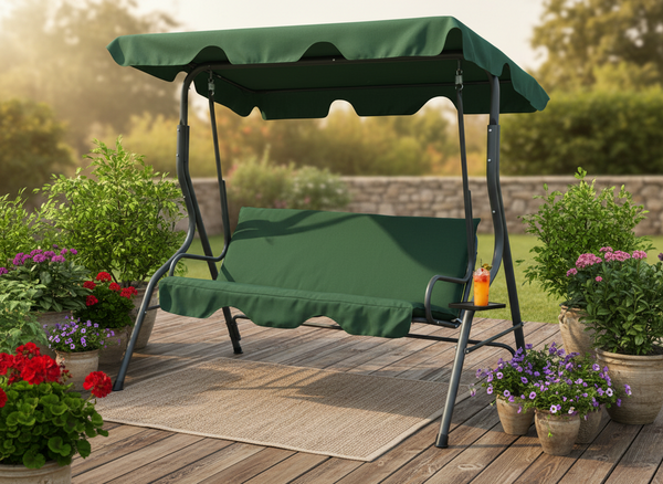 HUŚTAWKA OGRODOWA 170 x 110 x 153 CM CIEMNA ZIELEŃ BEZ POD. Z PODSTAWKAMI NA KUBEK