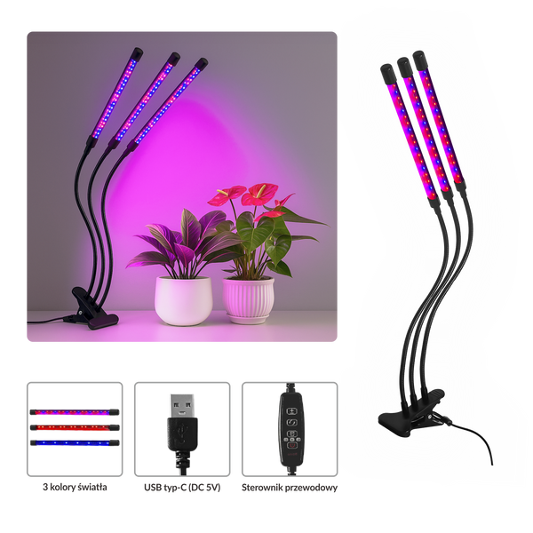 LAMPA DO WZROSTU UPRAWY ROŚLIN DONICZKOWYCH 3-RAMIENNA LED *3814