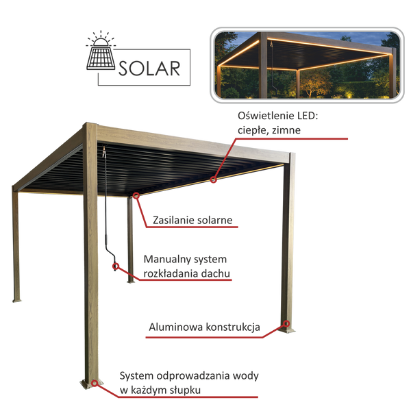 PERGOLA ALUMINIOWA BIOKLIMATYCZNA LED 3 x 3 x 2,5 M DREWNOPODOBNA