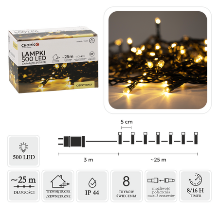 LED SVETLÁ 500L TEPLÁ BIELA, DĹŽKA 3 + 25 M VNÚT/OVN *9560