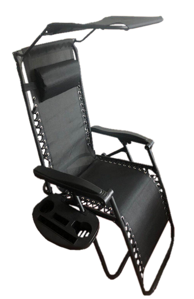 Șezlong de grădină pliabil cu suport pentru picioare, buzunar, copertină și suport pentru cap negru *9962