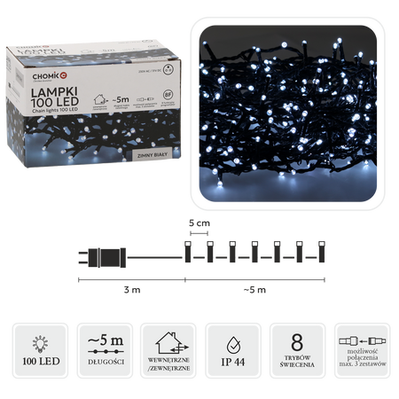 LAMPKI LED 100L ZIMNY BIAŁY DŁ. 3 + 5 M WEWN/ZEWN *9423