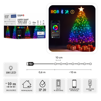 LAMPKI SMART LED 100L MULTIKOLOR, USB, Z PILOTEM, DŁ. 10 + 0,6 M *8233