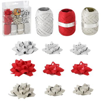 GIFT WRAPPING SET - GOLD / RED / SILVER (4 RIBBONS + 11 BOWS)