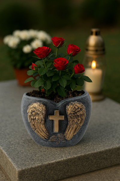 DONICZKA CMENTARNA CEMENTOWA - SERCE CIEMNO SZARO - ZŁOTA 20 X 15 X 16,5 CM *8929