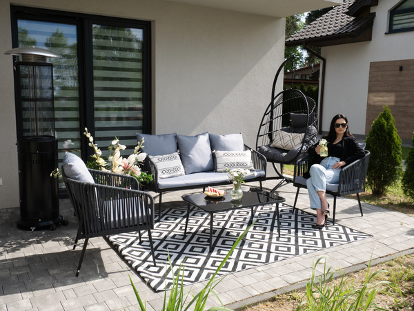 ZESTAW MEBLI OGRODOWYCH Z PLECIONEJ LINY (2 FOTELE + SOFA + STOLIK) - ANTRACYT, PODUSZKI - SZARE *8500