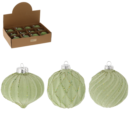 SKLENĚNÁ BAUBLE - ZELENÁ ZDOBENÁ 8 CM MIX VZORŮ disp=12ks *4754