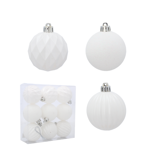 SET OF 9 BAUBLES 6 CM WHITE