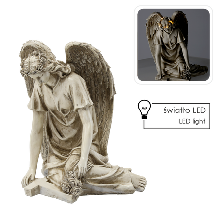 FIGURA ANIOŁ SIEDZĄCY Z KRZYŻEM LED - BEŻOWA 34 X 26,5 X 38 CM *8721