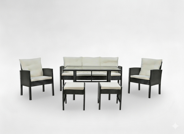 ZESTAW MEBLI RATTANOWYCH "VADUZ" (SOFA + 2 FOTELE + 2 PUFY + STÓŁ) CZARNY + KREMOWE PODUSZKI