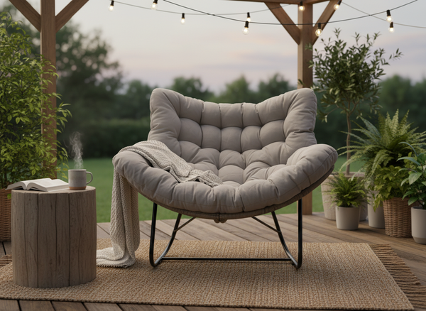 FOTEL BUJANY "SVINGA" 112 x 104 x 69 CM BRĄZOWY RATTAN, SZARE PODUSZKI