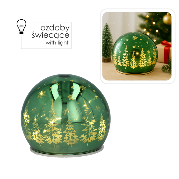 OZDOBY VÁNOČNÍ - SKLENĚNÁ KULIČKA LED ZELENÁ 10 CM *1280