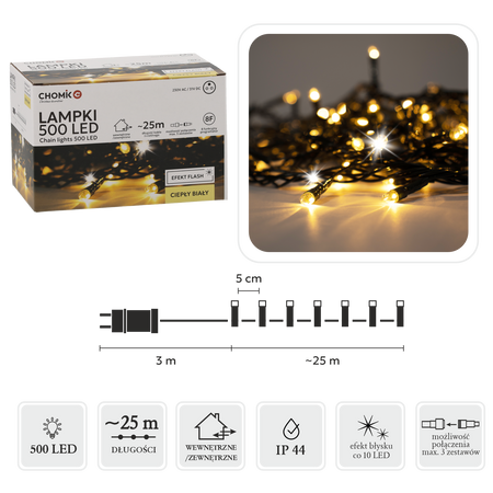 LED KELLY 500L TEPLÁ BIELA + STUDENÝ BLESK, DĹŽKA 3 + 25 M VNÚTORNÝ/VONKAJŠÍ *9591