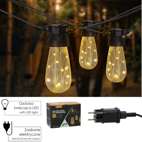 ZÁHRADNÝ REŤAZ 12 V DĹŽKA 3 + 17 M DRÔT 20 LED TEPLÁ BIELA S ÚCHYTMI *1281