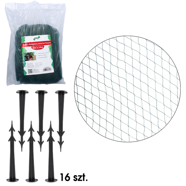 REȚEA DE PROTECȚIE ÎMPOTRIVA PĂSĂRILOR MONO+MONO 8 X 14 M + 16 ȚEAPĂ (15 g/m2) *6427