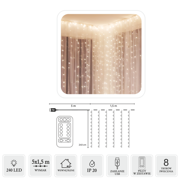 KURTYNA ŚWIETLNA DRUCIKI 240L CIEPŁY BIAŁY, 5 x 1,5 M, USB, Z PILOTEM *8462