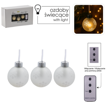 KPL. 3 BOMBEK SZKLANYCH LED ZE ŚNIEŻYNKAMI Z PILOTEM 8 X 10 CM *9476