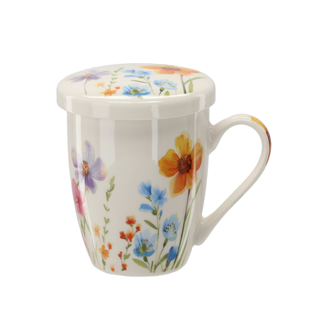 KUBEK PORCELANOWY Z ZAPARZACZEM I POKRYWKĄ 340 ML MIX KWIATOWYCH WZORÓW *1902