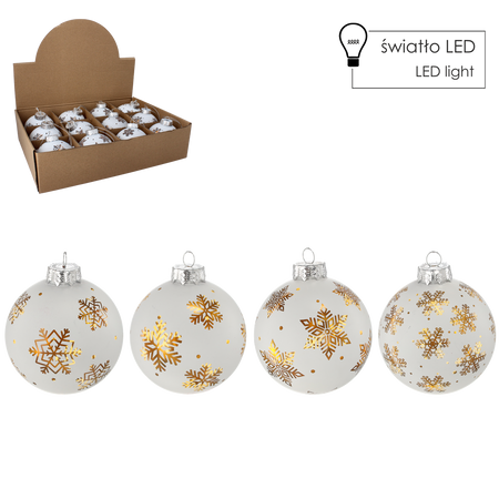 GLASS ORNAMENT - WHITE 8 CM GOLDEN SNOWBALL MIXED PATTERNS