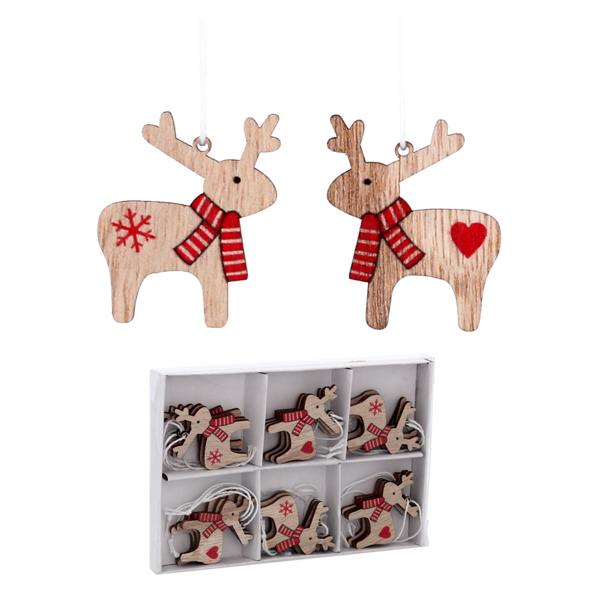 SET OF 18 WOODEN CHRISTMAS DECORATIONS ASSORTED 2 DESIGNS REINDEERS