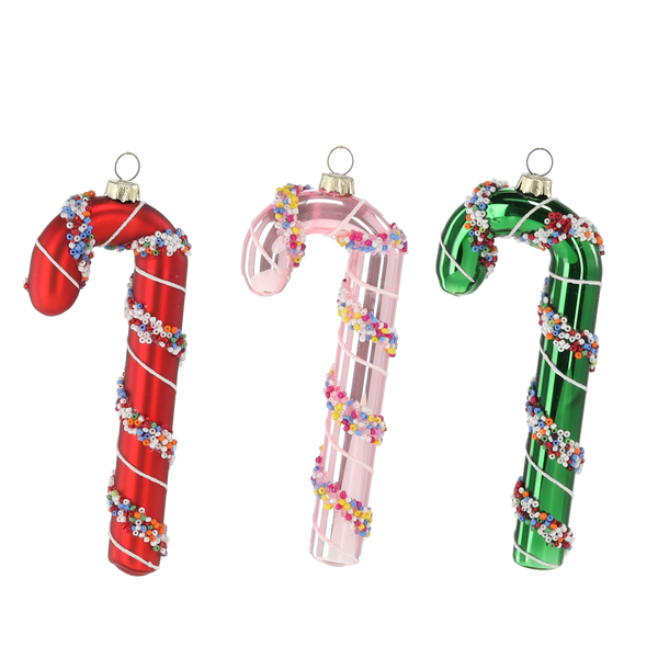 GLASS ORNAMENT - LARGE CANDY CANE MIXED COLORS 2 X 6.4 X 15 CM