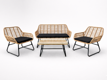 GARDEN FURNITURE SET (SOFA, 2 CHAIRS, TABLE) - BROWN, CUSHIONS - BLACK *3415