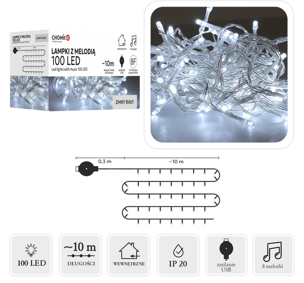 LAMPKI LED Z MELODIĄ USB 100L ZIMNY BIAŁY, DŁ. 0,3 + 10 M *8509