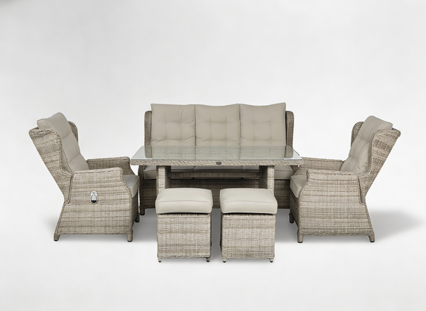 ZESTAW MEBLI OGRODOWYCH ALUMINIOWYCH RATTANOWYCH (SOFA + STÓŁ + 2 FOTELE + 2 PUFY) BRĄZOWY + BEŻOWE PODUSZKI