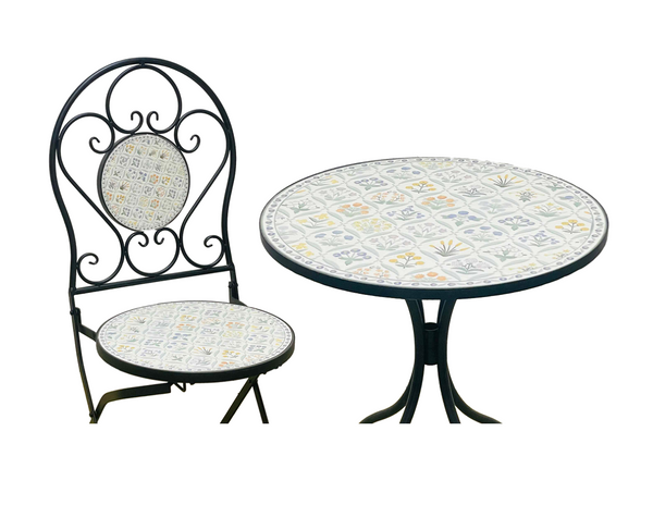 ZESTAW MEBLI OGRODOWYCH METALOWYCH MOZAIKA "LOULOUDIA" STÓŁ + 2 KRZESŁA