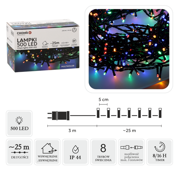 LED ŽIAROVKY 500L MULTICOLOR, DĹŽKA 3 + 25 M VNÚT/OVNÁ *9584