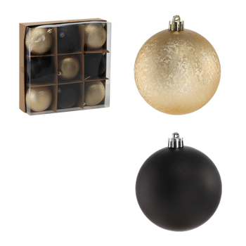 SET OF 9 CHRISTMAS TREE BAUBLES 8CM BLACK/GOLD