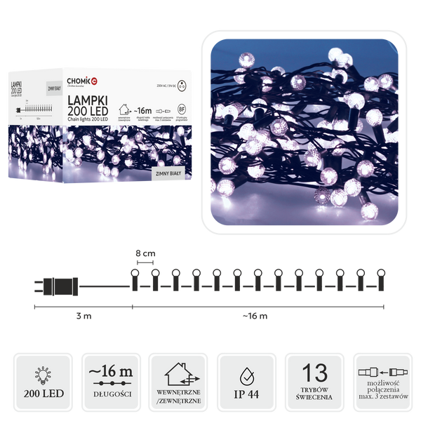 LED CHRISTMAS TREE LIGHTS CHERRY BALL 200L COLD WHITE