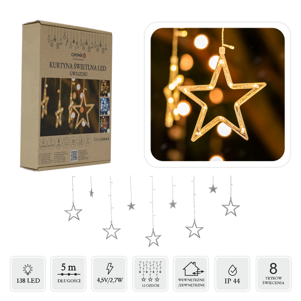 LED OSVETLENIE ZÁCLONA HVIEZDIČKY 138L DĹŽKA 3 + 2 M TEPLÁ BIELA VNÚTORNÉ/POUZE *3997