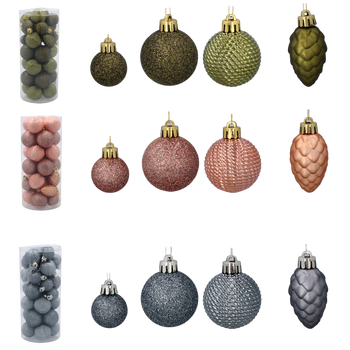 SET OF 31 BAUBLES 3-4.5 CM OLIVE/COPPER/GRAPHITE MIX DESIGNS