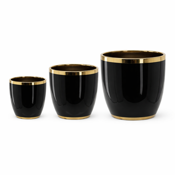 SET DE 3 MĂȘTI CERAMICE PENTRU GHIVECI NEGRE CU MARGINE AURIE