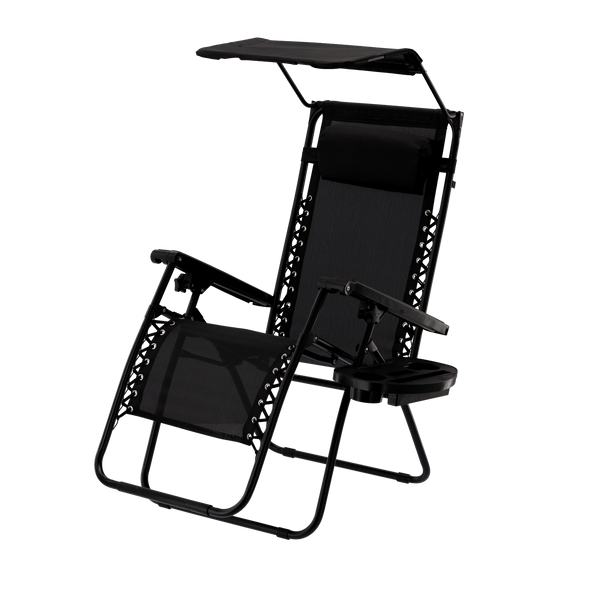 FOLDING GARDEN LOUNGER WITH STAND, POCKET, CANOPY AND HEADREST BLACK *9962