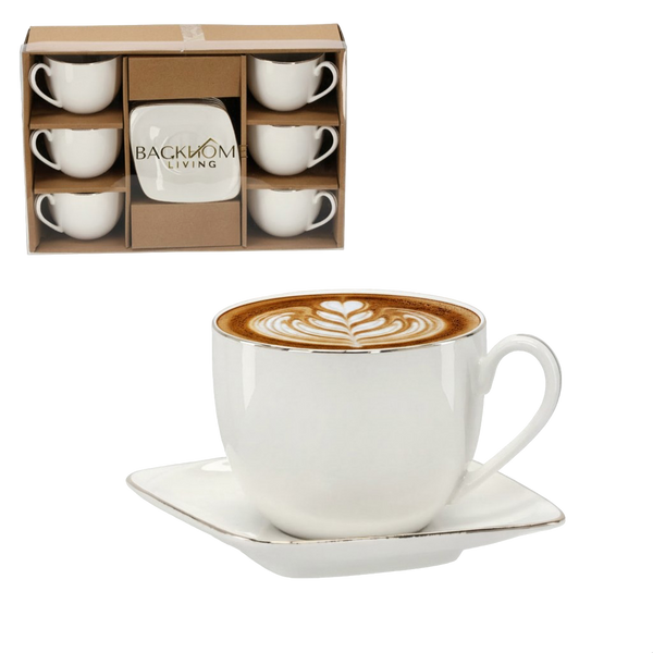 SET OF 6 CUPS WITH SAUCER 250 ML WITH GOLDEN DECORATIVE STRIPE