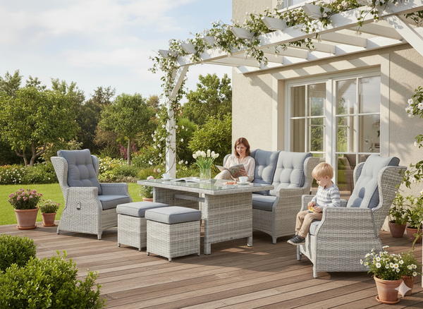 ZESTAW MEBLI OGRODOWYCH ALUMINIOWYCH RATTANOWYCH (SOFA + STÓŁ + 2 FOTELE + 2 PUFY) SZARY + SZARE PODUSZKI