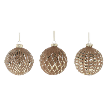 GLASS BAUBLE 8 CM BROWN DECORATED MIX DESIGNS