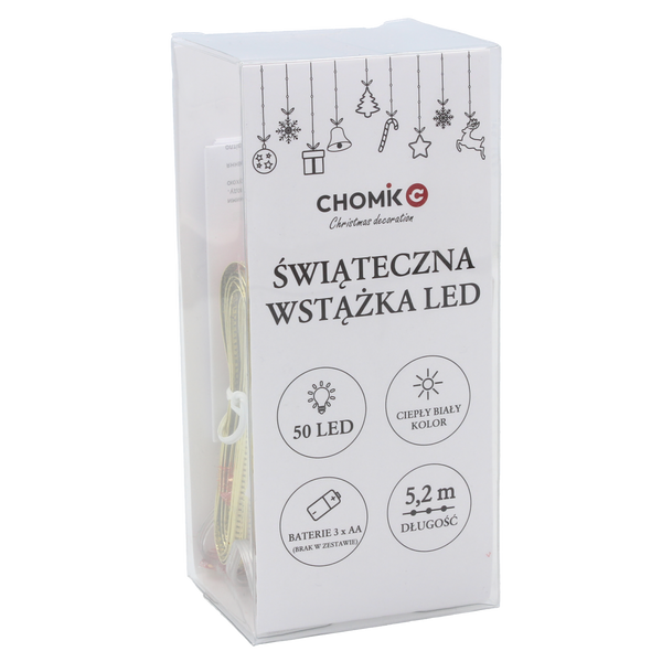 ŚWIĄTECZNA WSTĄŻKA LED MIX KOLORÓW 50L CIEPŁY BIAŁY NA BATERIE *0276