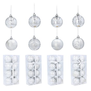 SET OF 8 CHRISTMAS BAUBLES 6 CM SILVER MIX DESIGNS