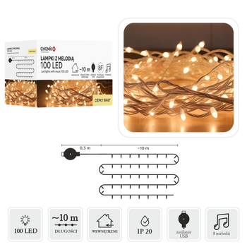 LAMPKI LED Z MELODIĄ USB 100L CIEPŁY BIAŁY, DŁ. 0,3 + 10 M *0078