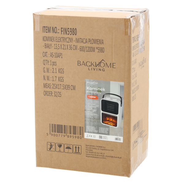 KOMINEK ELEKTRYCZNY - IMITACJA PŁOMIENIA - BIAŁY -  13,5 x 21 x 36 CM - 600/1200W *5980
