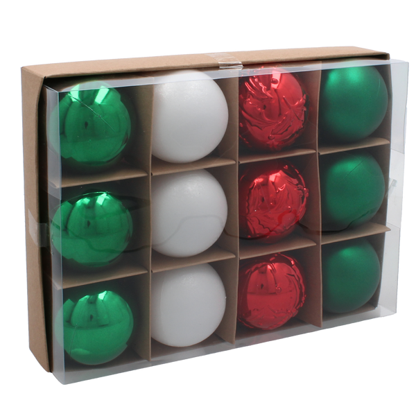 SET OF 12 BAUBLES 6 CM RED/GREEN/WHITE 