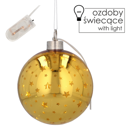 GLASS CHRISTMAS ORNAMENT 12 CM LED GOLDEN BAUBLE WITH STARS