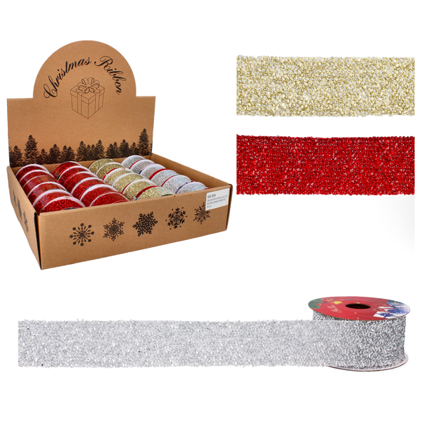 Vianočná dekoračná stužka 3,8 CM x 2,7 M MIX FARIEB ČERVENÁ/ZLÁTÁ/SILVER bal=24ks *9768
