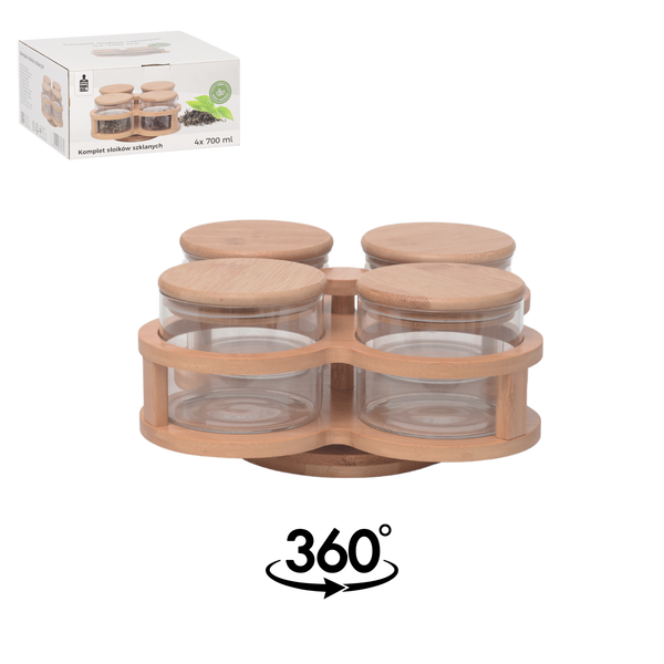 SADA 4 SKLENĚNÝCH DÓZ 700 ML S DŘEVĚNÝMI POKLOPY NA DŘEVĚNÉ PODLOŽCE *0734